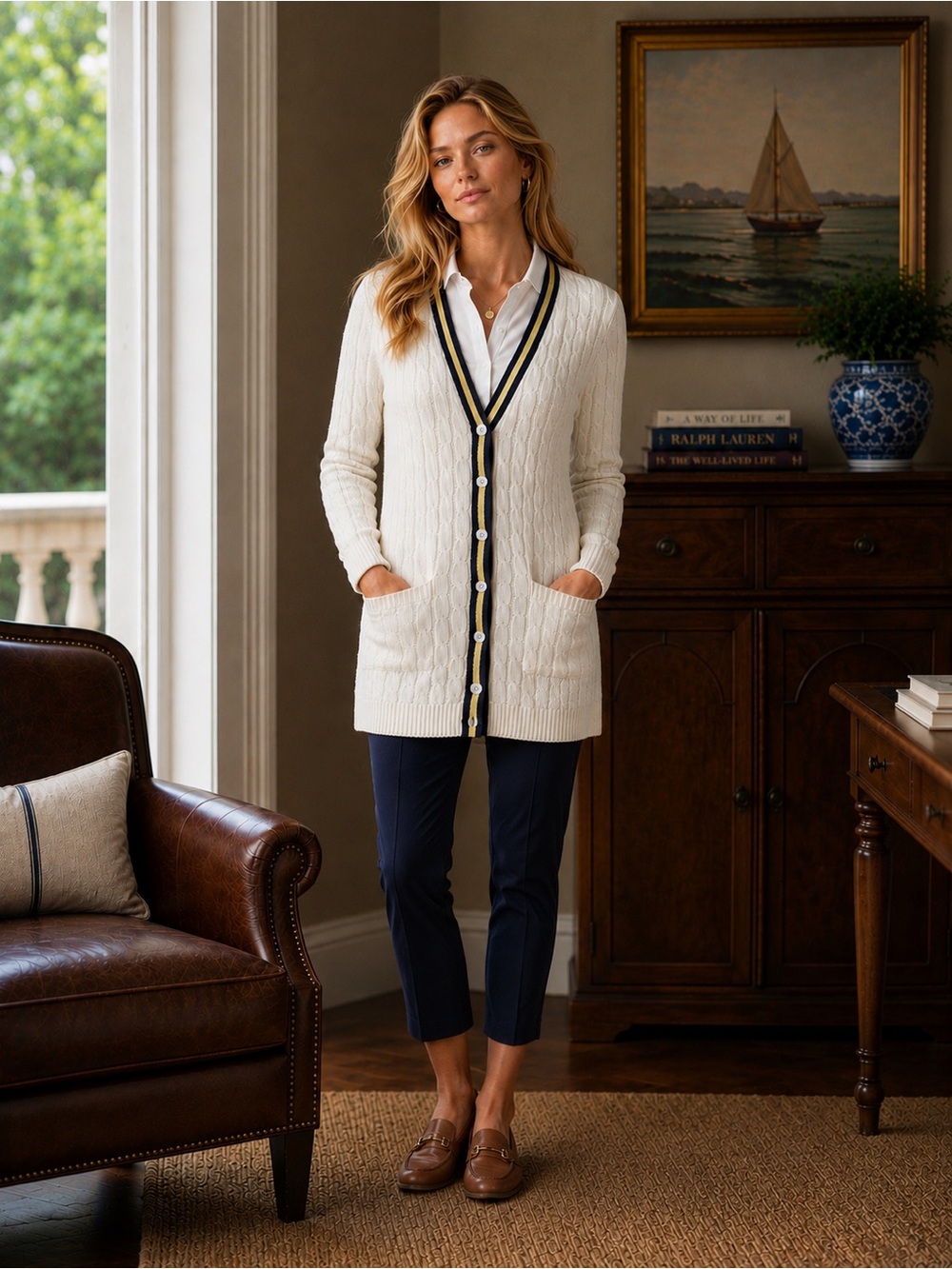 Ralph Lauren Sport XL Cream Cable-Knit Cardigan with Navy & Gold Trim